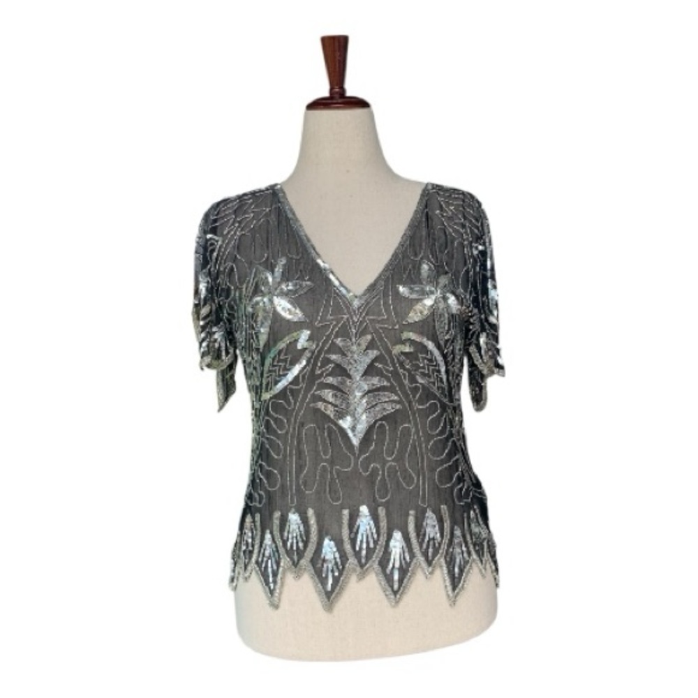 70's Black Silk Sheer Embellished Art Deco Club Shirt Blouse Flapper Style Small